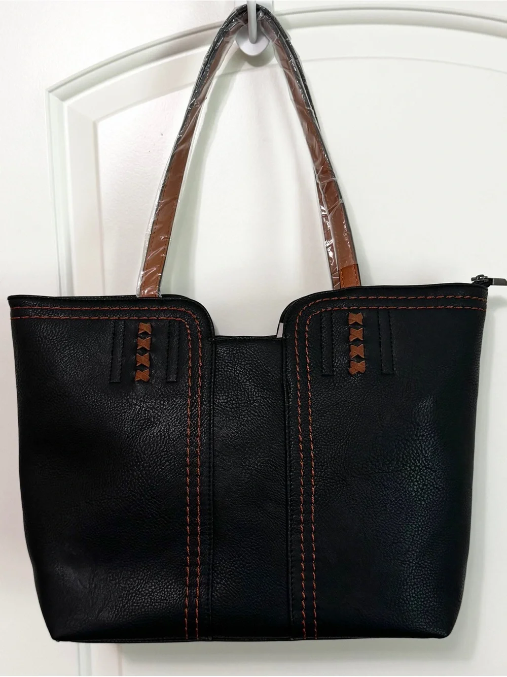 Montana West Black Tote Shoulder Bag Contrast Stitch Vegan Leather Zip Top - Picture 4 of 16